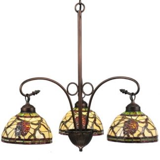 3 Light Rustic Chandelier | Tiffany Style Cut Glass With Pine Cone Design