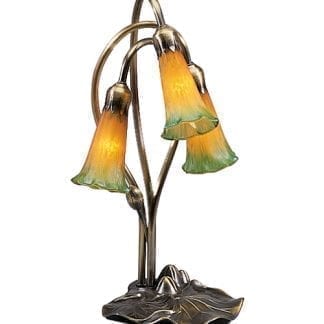 3 Light Tiffany Amber Green Pond Lily Lamp Mouth Blown Art Glass