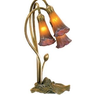 3 Light Tiffany Amber Purple Pond Lily Lamp Mouth Blown Art Glass