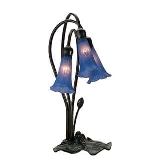 3 Light Tiffany Blue Pond Lily Lamp Mouth Blown Art Glass