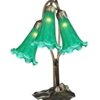 3 Light Tiffany Green Pond Lily Lamp Mouth Blown Art Glass