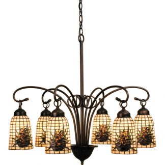 6 Light Rustic Chandelier 28" | Tiffany Style Cut Glass PineCone Design