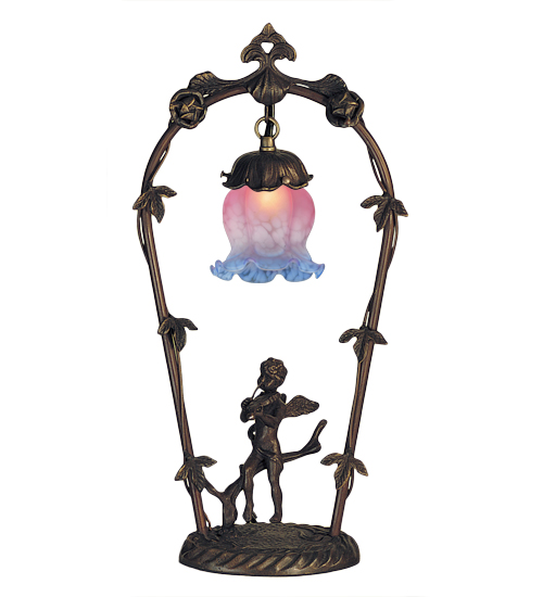 Victorian Cherub Mini Lamp 12655 - Pink Blue Blown Glass Shade - 19" Tall