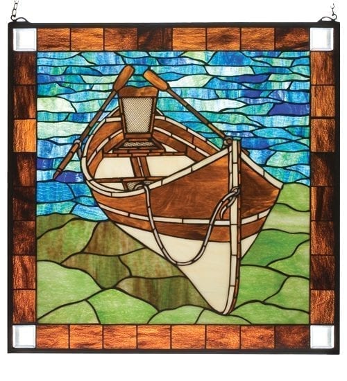 Beached Guide Boat Stained Glass Window Tiffany Style Hanging Panel