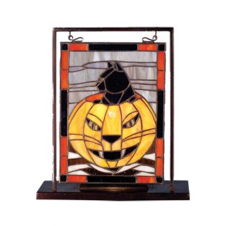 Evil Cat Halloween Pumpkin Lighted Mini Tabletop Window Whatnot