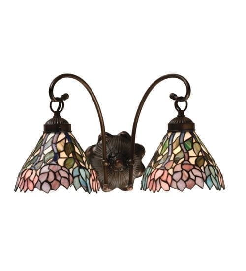 Hanging Wisteria Two Lamp Wall Sconce Tiffany Style Stained Glass