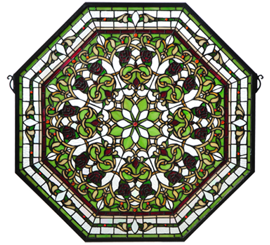 Octagon Stained Glass Window 107223 Victorian Roses Floral Design 25"
