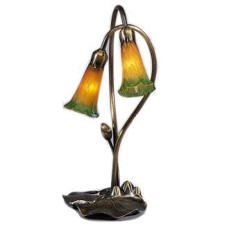 Tiffany Lily Pad Lamp Amber Green Glass 2 Light