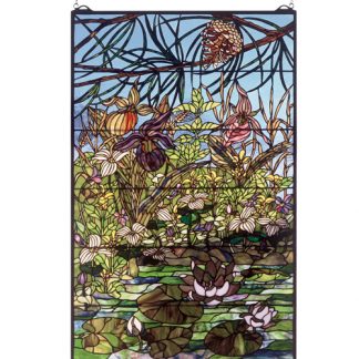 Pink Lily Pond Stained Glass Window framed stained glass window panels