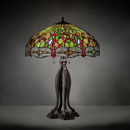 Tiffany Style Table Lamp 109607 Green Dragonfly Stained Glass Shade